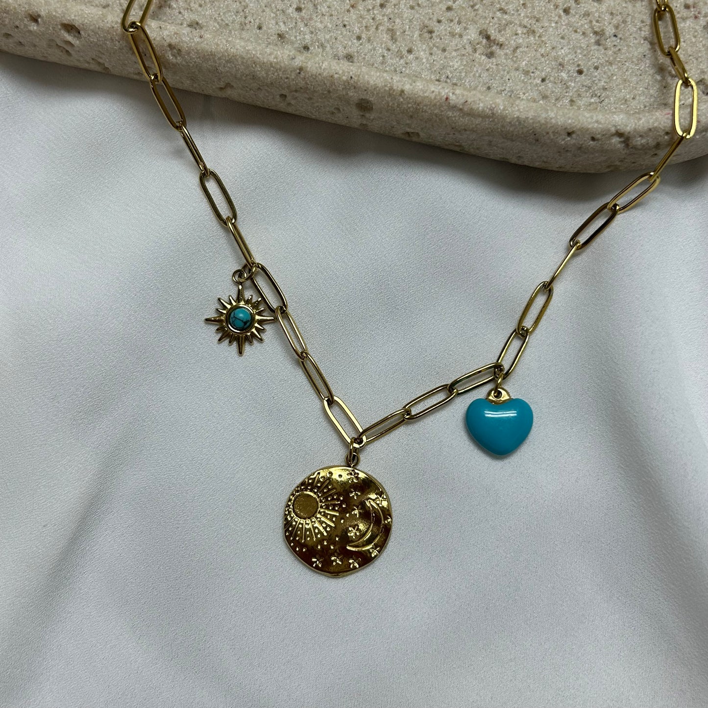 Gold Sun & Moon Necklace with Turquoise Heart