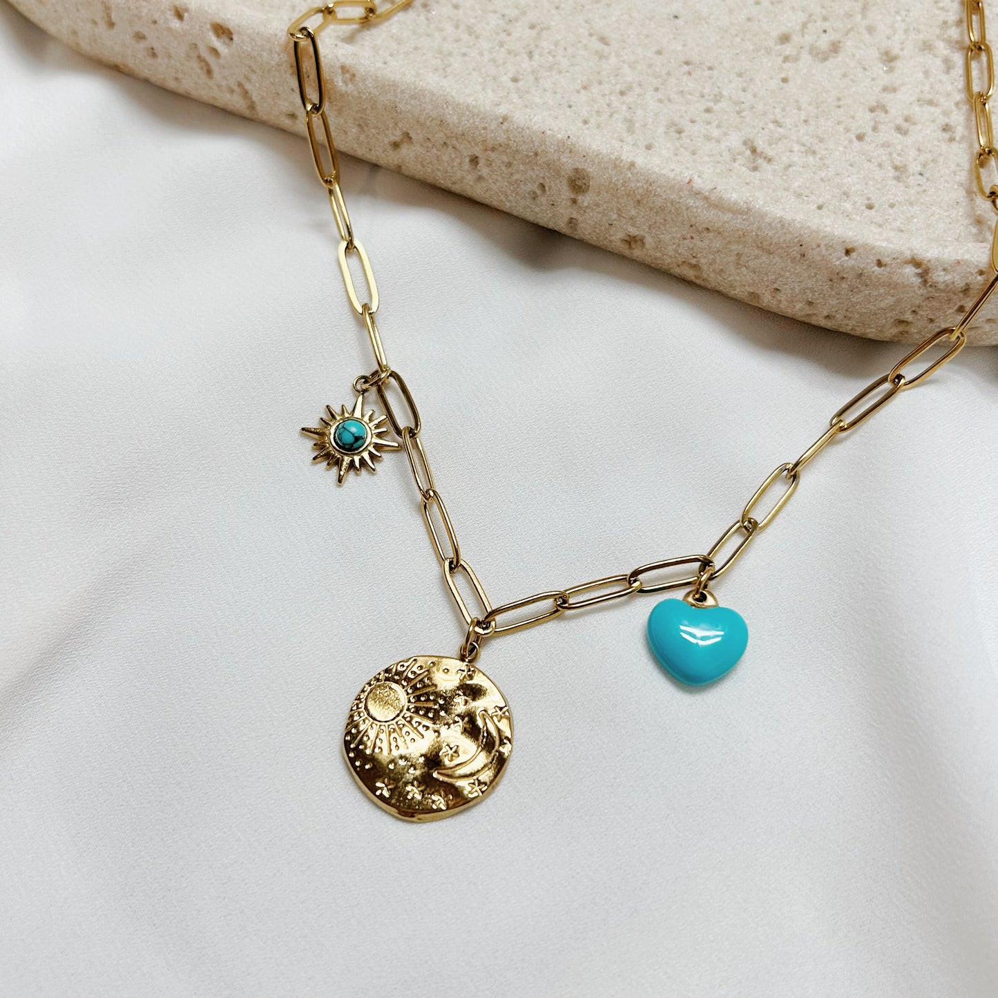 Gold Sun & Moon Necklace with Turquoise Heart