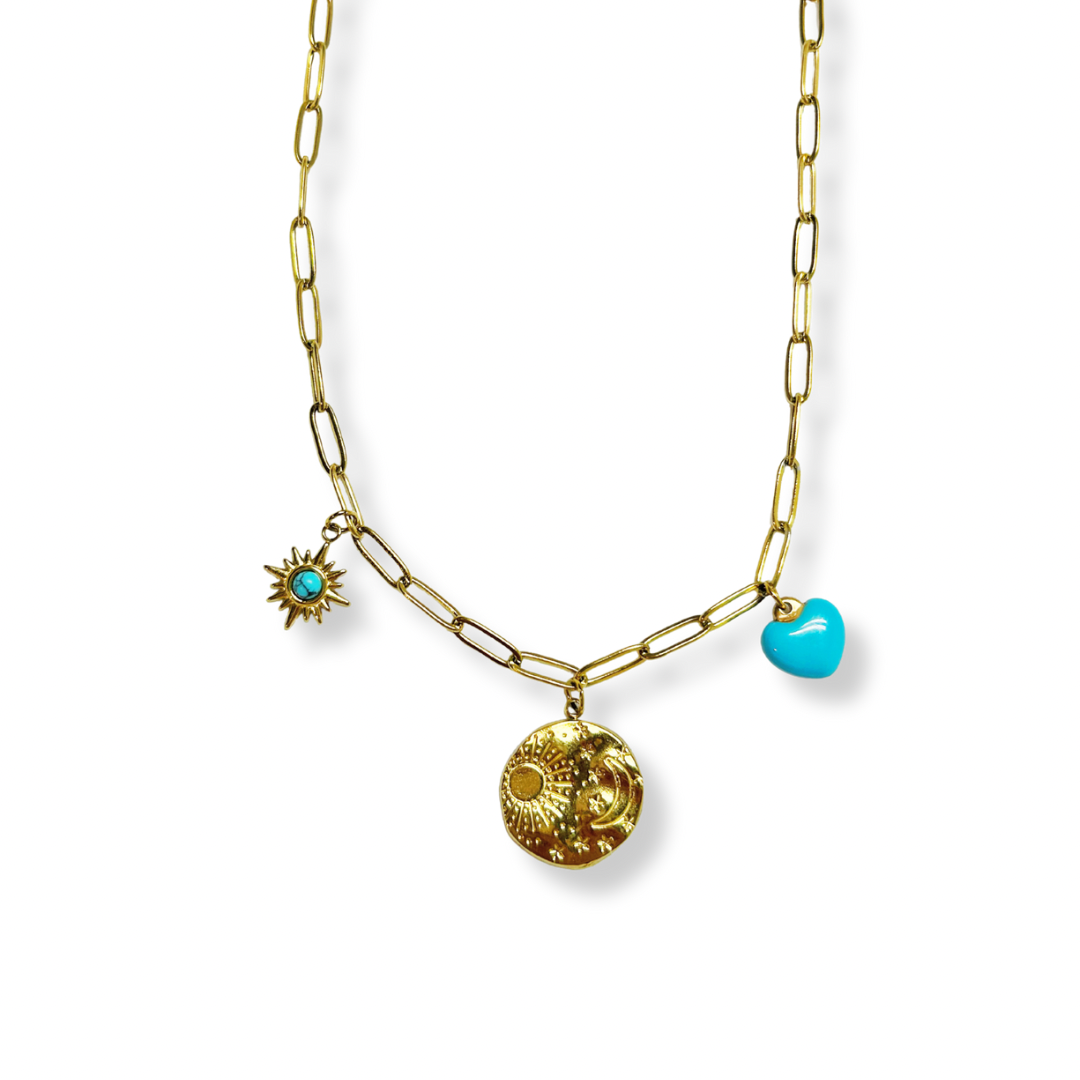 Gold Sun & Moon Necklace with Turquoise Heart