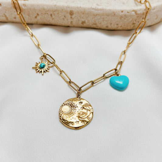 Gold Sun & Moon Necklace with Turquoise Heart